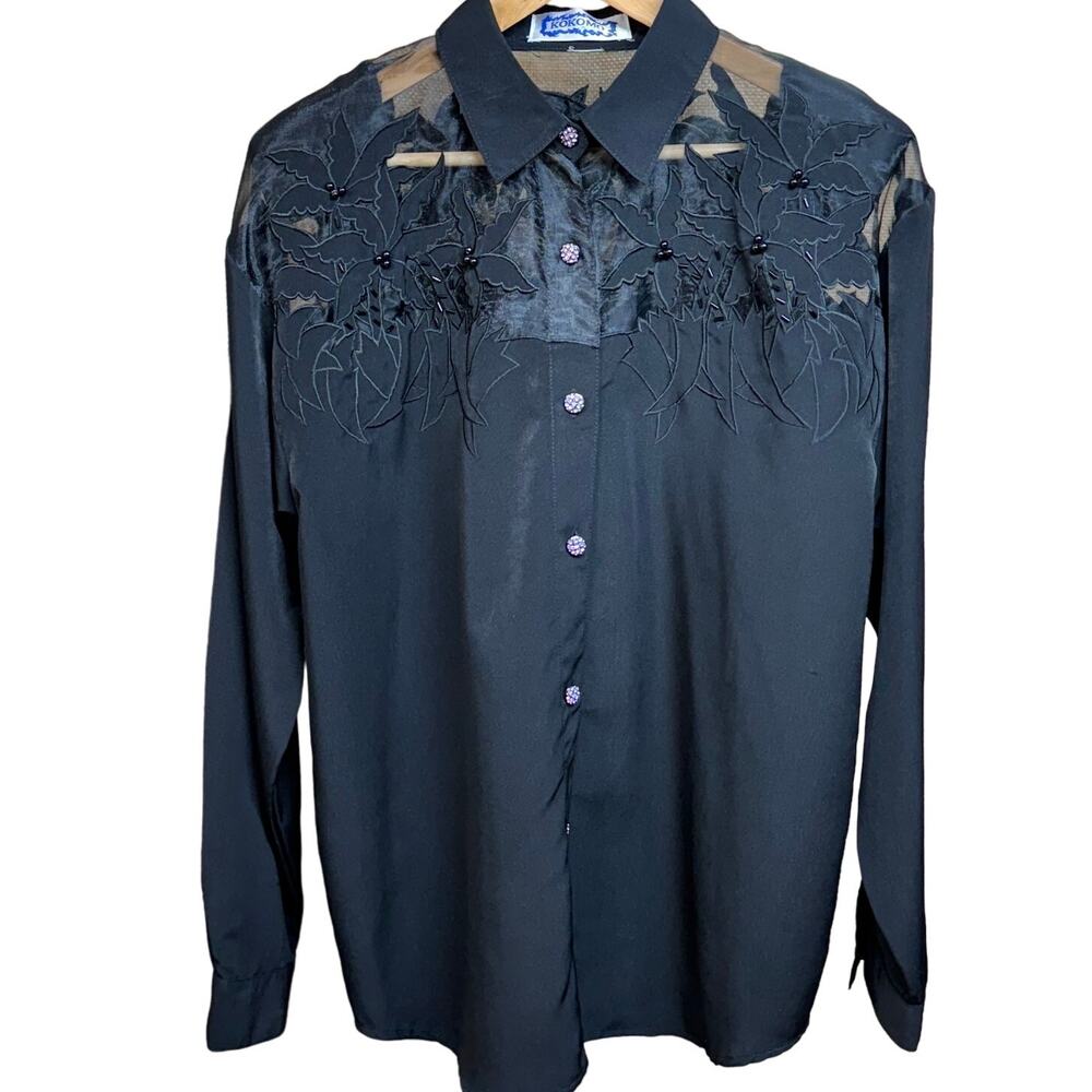 Kokomo Vintage Black Sheer Embroidered Palm Tree Button Up Shirt Women XL